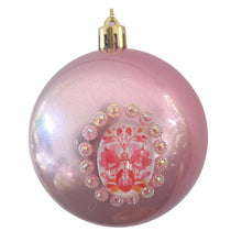 Încărcați imaginea în Galerie, Set 3 Globuri de Craciun Motive Traditionale Romanesti Populare Tarannesti Etnice Roz Flori Rosii Corund 8 cm cadou Ornamente de agatat cu strasuri