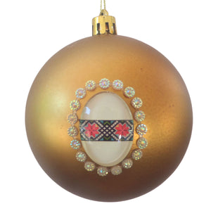 Set Globuri de Craciun Portocalii de Brad Pom 3 buc cu Motive Traditionale cu Prosop Taranesc Popular Bronz Gold 8 cm Margine Ornamente de agatat Sarbatori Iarana