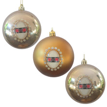 Încărcați imaginea în Galerie, Set Globuri de Craciun Portocalii de Brad Pom 3 buc cu Motive Traditionale cu Prosop Taranesc Popular Bronz Gold 8 cm 80 MM Ornamente