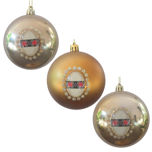 Set Globuri de Craciun Portocalii de Brad Pom 3 buc cu Motive Traditionale cu Prosop Taranesc Popular Bronz Gold 8 cm 80 MM Ornamente