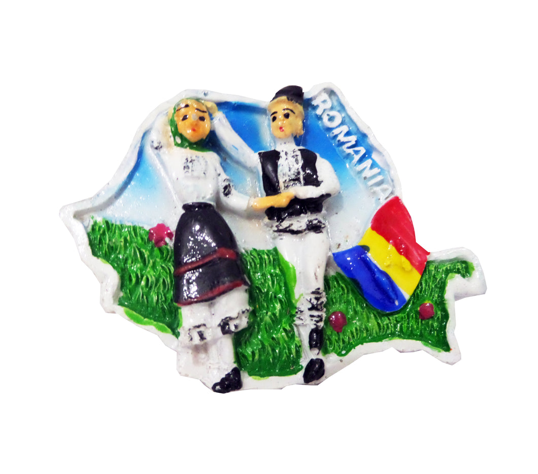 Magnet Decorativ Frigider Harta Romaniei cu Pereche Tarani Dansatori si Tricolor