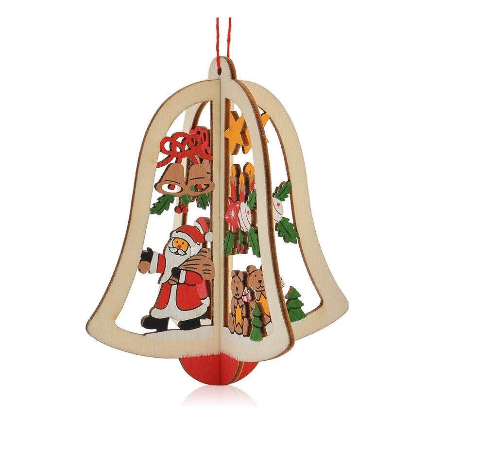 Decoratiune de Brad Ornamente din Lemn Figurina de Craciun de Agatat 3D Clopotel Multicolor