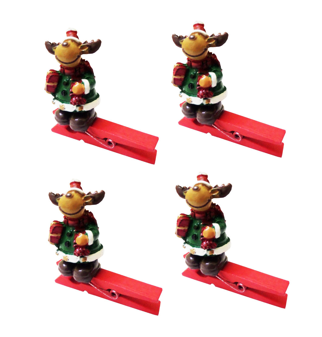 Set Decoratiuni din Lemn de Craciun 4 buc Carlige de Rufe Renul Rudolf