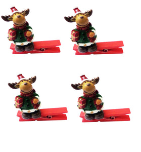 Set Decoratiuni Ornamente Figurina din Lemn de Craciun 4 buc Carlige de Rufe Renul Rudolf