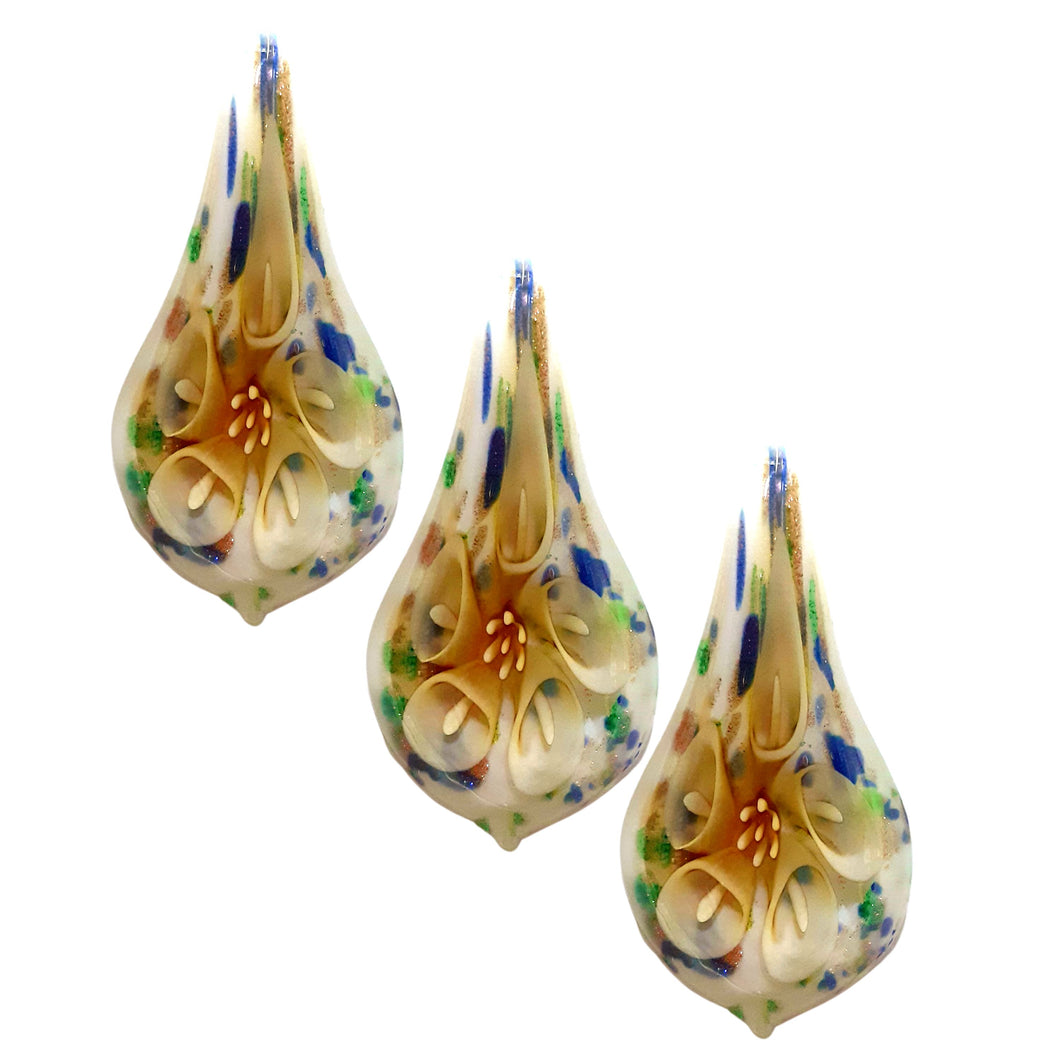 Bijuterie Cadou din Margele Lampa Pandantiv din Sticla de Murano Model Lacrima cu Flori Cale Galben-Auriu 30x60 mm