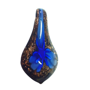 Bijuterie Cadou din Margele Lampa Pandantiv din Sticla de Murano Model Lacrima cu Flori Branduse Albastru Intens Regal 30x60 mm Martie Martisor