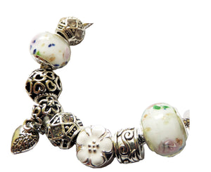 Bratara Stil Pandora Margele Lampa Murano Charm Alb Roz Lampwork