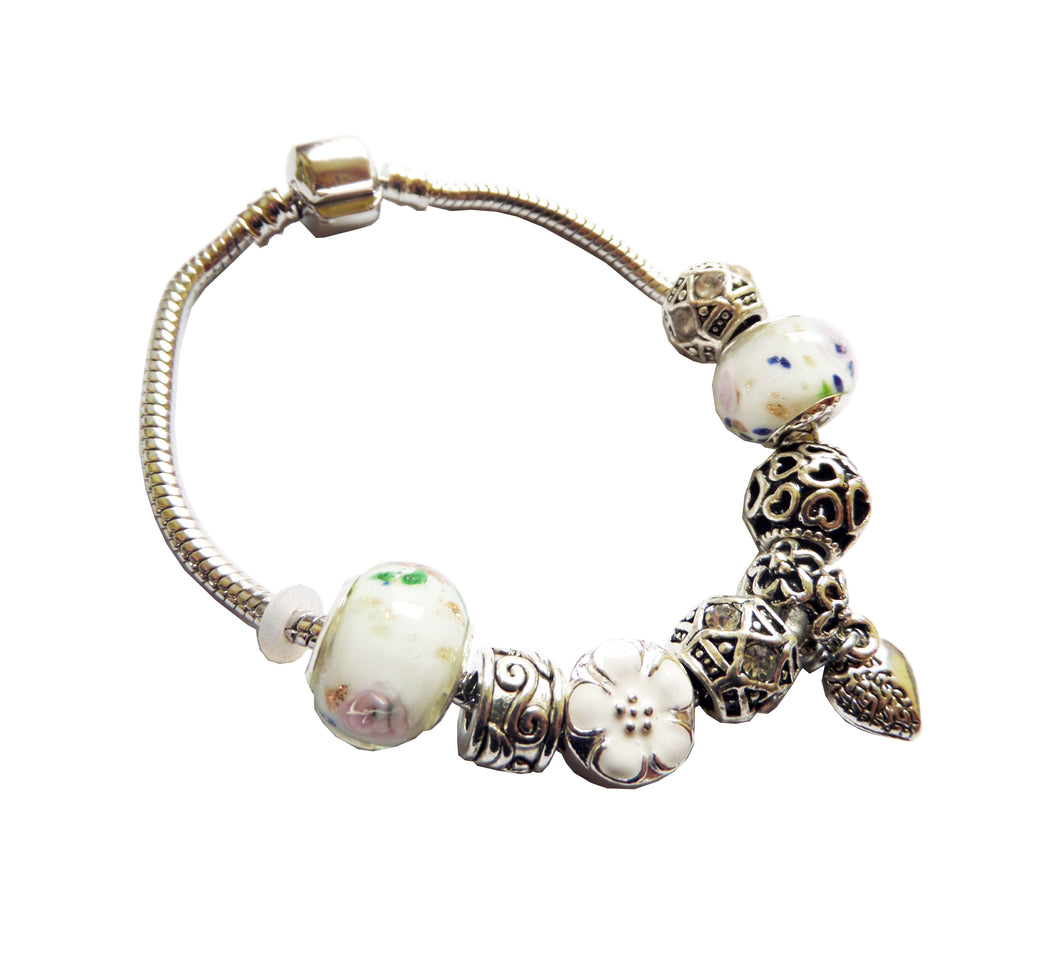 Bratara Stil Pandora Margele Lampa Murano Charm Alb Roz Lampwork