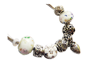 Bratara Stil Pandora Margele Lampa Murano Charm Alb Roz Lampwork