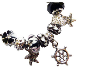 Bijuterie Bratara in Stil Pandora din Sticla cu Margele Lampa Lampwork si Charm-uri Metal in Stil Maritim Murano