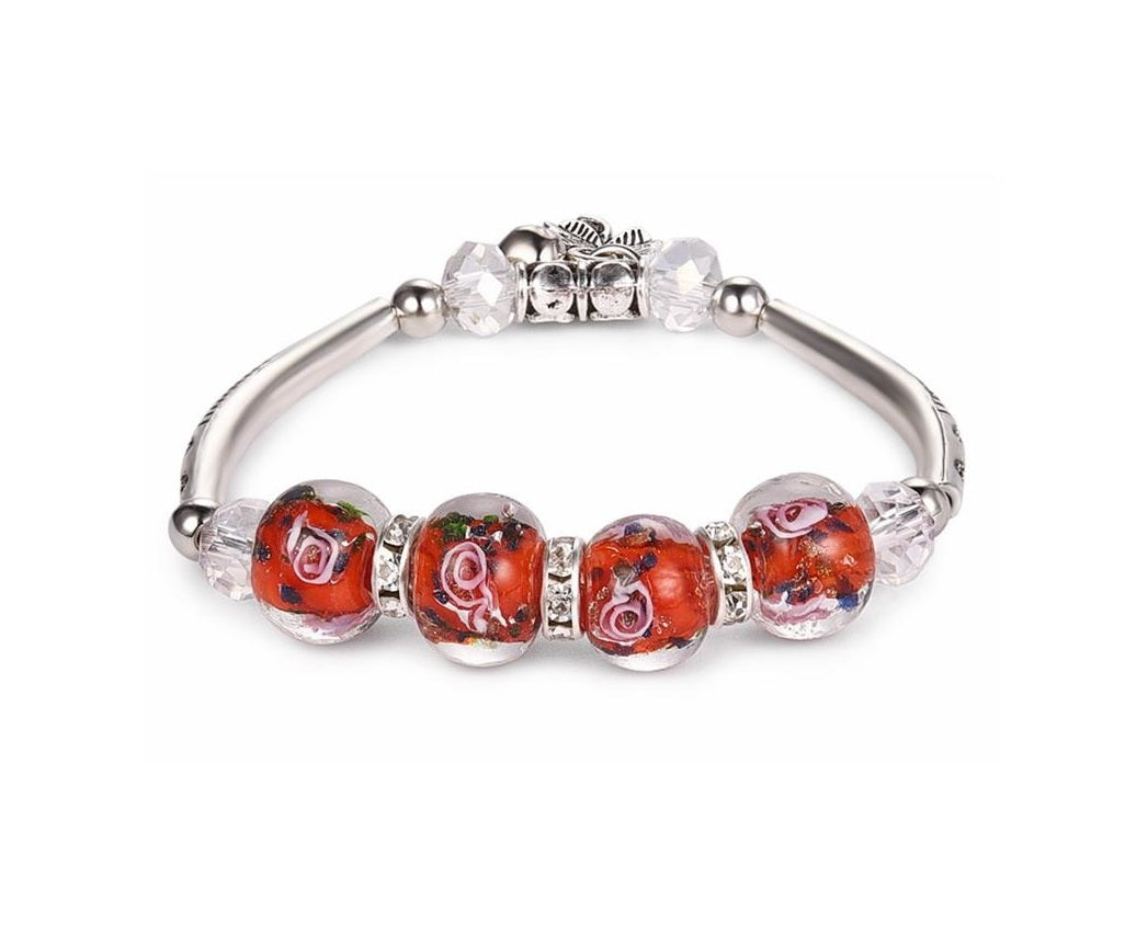 Bijuterie Bratara in Stil Pandora din Sticla de Murano Alb-Rosu Margele Lampa Lampwork si Charm Metal Trifoi Cadou Doamne