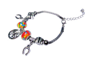 Bijuterie Bratara Stil Pandora Talisman Trifoi Potcoava si Charm-uri Albastra-Portocalie