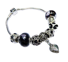 Încărcați imaginea în Galerie, Bratara in Stil Pandora din Sticla de Murano Trandafirasi Margele Lampa Lampwork Negre si Charm Metal Inima Cadou