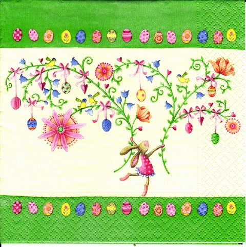 Servetele Decorative de Masa cu Paste Fetita Iepuras si Crengute cu Oua  Pachet 10 Buc 33x33 cm