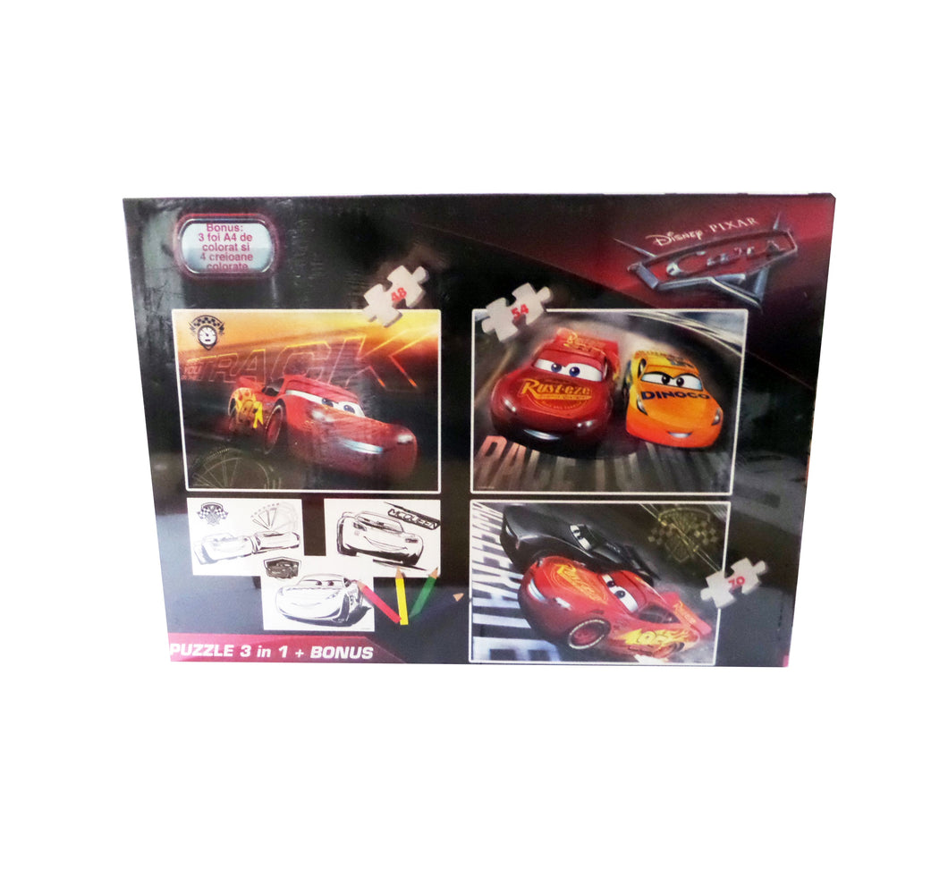 Puzzle Copii Set Disney 3 in 1 si Creioane Colorate Cars Masinute Fulger