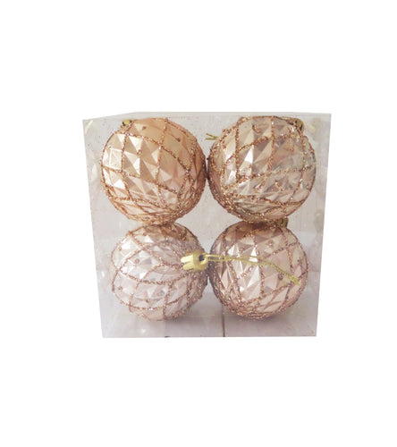 Set Globuri de Craciun Uniculoare de Brad 4 buc Nude Piersica Carou Gliter 5.50 cm