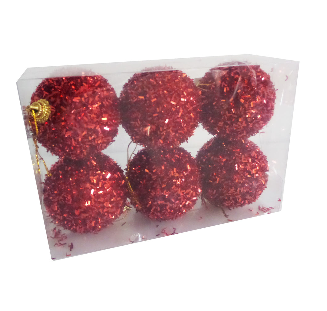 Set 6 Globuri Ornamente de Craciun Uniculoare Rosii Puf de Brad Pom 5.50 cm