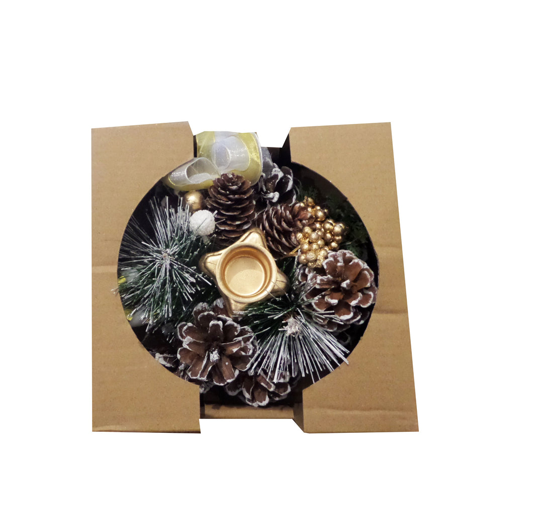 Decoratiune Aranjament de Craciun Suport Lumanare Masa Advent Conuri Brad Bronz-Gold