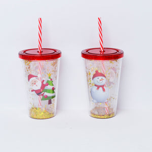 Termos Cana de Calatorie Craciun Cana cu Pai Glitter Santa and Snowman