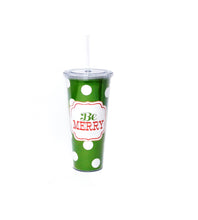 Încărcați imaginea în Galerie, Termos Cana de Calatorie Craciun Cana cu Pai Be Merry Green Dots Cadou Mos Buline Verde