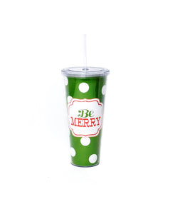 Termos Cana de Calatorie Craciun Cana cu Pai Be Merry Green Dots Cadou Mos Buline Verde