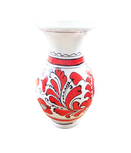 Vaza cu Motive Traditionale Taranesti Populare de Flori Ceramica Corund Rosie Clopotei si Paun 16 cm