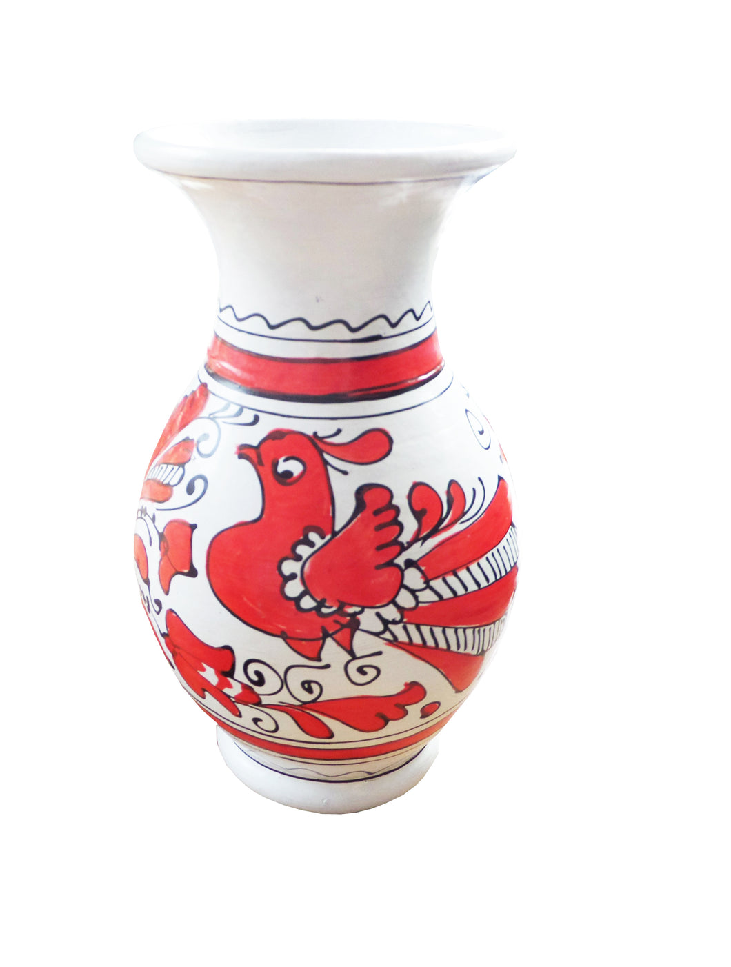 Vaza cu Motive Traditionale din Ceramica de Corund Rosie Clopotei si Paun 16 cm