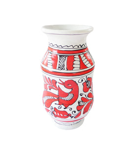 Vaza cu Motive Traditionale Populare Taranesti Romanesti din Ceramica de Corund Rosie Paun si Floare de Lotus 16 cm