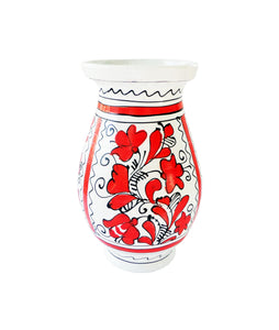 Vaza cu Motive Traditionale din Ceramica de Corund Romanesti Rosie Clopotei si Margarete 16 cm