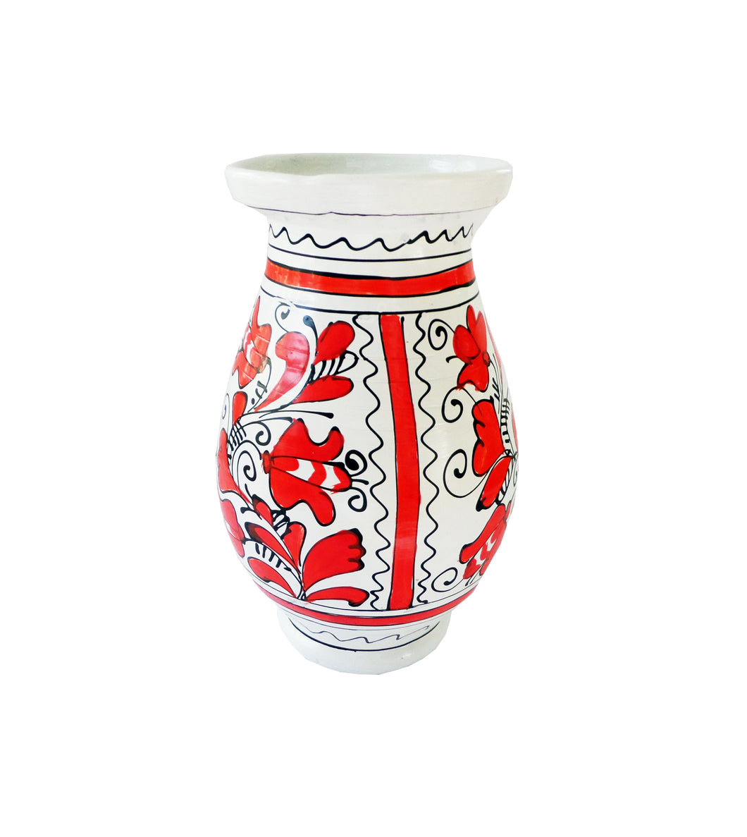 Vaza cu Motive Traditionale Populare Taranesti Romanesti din Ceramica de Corund Rosie Clopotei si Margarete 16 cm