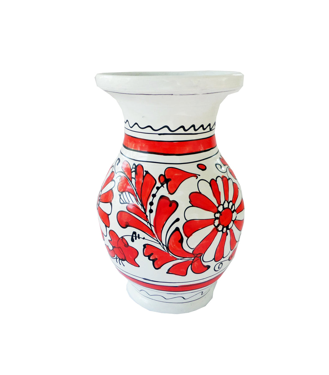 Vaza cu Motive Traditionale din Ceramica de Corund Rosie Flori de Musetel 16 cm Romanesti Taranesti