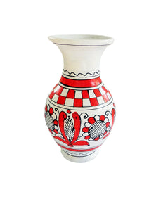 Vaza cu Motive Populare Ceramica de Corund Rosie Flori de Musetel si Lotus 16 cm Traditionale Romanesti
