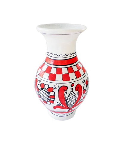 Vaza cu Motive Traditionale Populare Romanesti din Ceramica de Corund Rosie Flori de Musetel si Lotus 16 cm