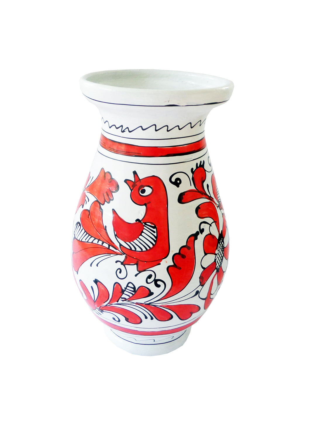 Vaza cu Motive Traditionale din Ceramica de Corund Rosie Paun si Musetel 16 cm