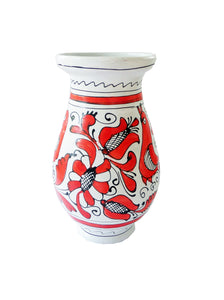 Vaza cu Motive Traditionale din Ceramica de Corund Rosie Paun si Musetel 16 cm Romaneasca Cadou Romania