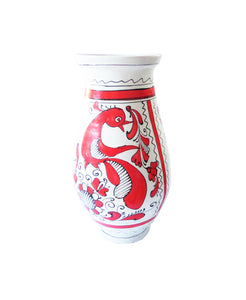 Vaza cu Motive Traditionale Populare Taranesti Romanesti din Ceramica de Corund Rosie Flori si Pasare 24 cm