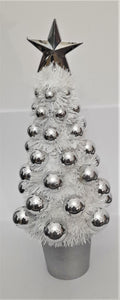 Brad Artificial de Craciun, pe suport de lemn Decorat cu Globuri Argintiu 30 cm