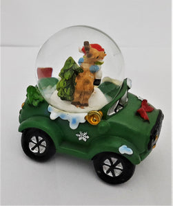 Mini-Glob Craciun cu Lichid si Zapada Cristal Masina Verde cu Omul de Zapada si renul