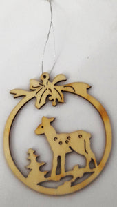 Decoratiune de Brad din Lemn Decupata Agatat Medalion Rotund Caprioara cu Funda