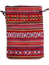 Încărcați imaginea în Galerie, Saculet din Textil Motive Traditionale Taranesti Populare Broderie alb-albastru, bleu. galben-verde  pe visiniu17 cm orizontal