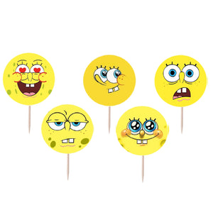 Set Scobitori Cupcake Toppers Candy Bar Round Muffin Prajituri Disney Sponge Bob Pantaloni Patrati Funny Faces 16 buc Aniversari Party petreceri