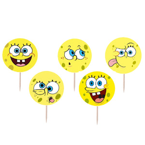 Set Scobitori Cupcake Toppers Candy Bar Round Muffin Prajituri Disney Sponge Bob Pantaloni Patrati Funny Faces 16 buc